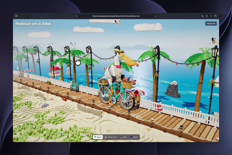 A voxel pelican on a bicycle, day to night result preview