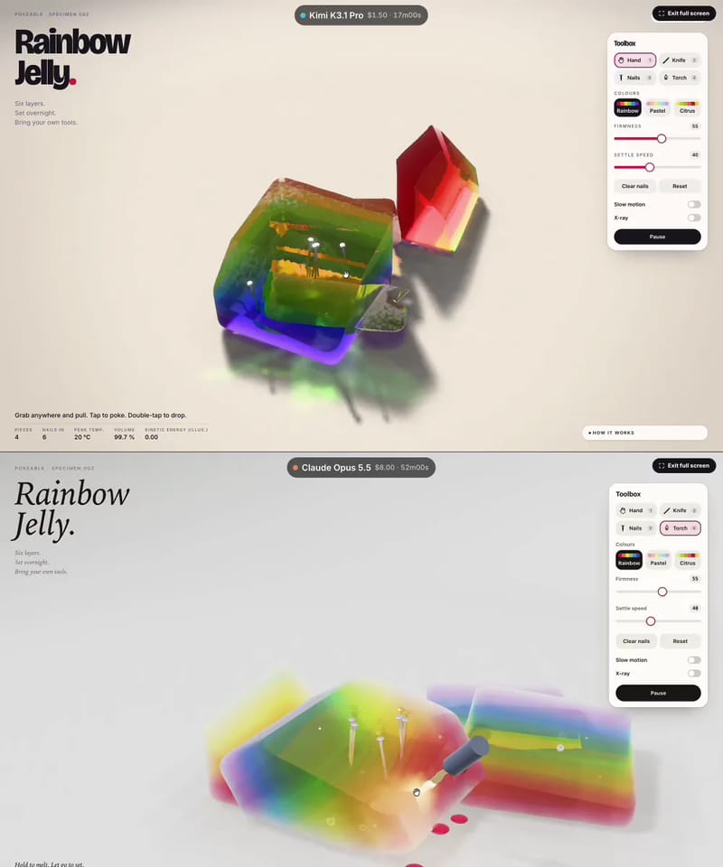 Cuttable Rainbow Jelly: Kimi vs Opus result preview