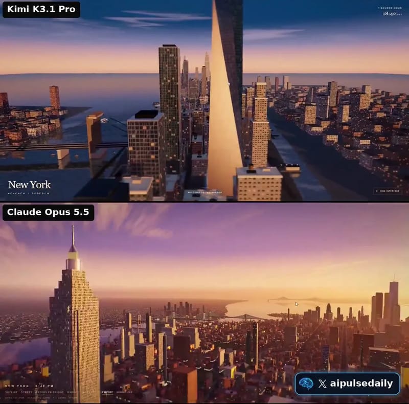 Golden-Hour New York Flythrough: Kimi vs Opus result preview