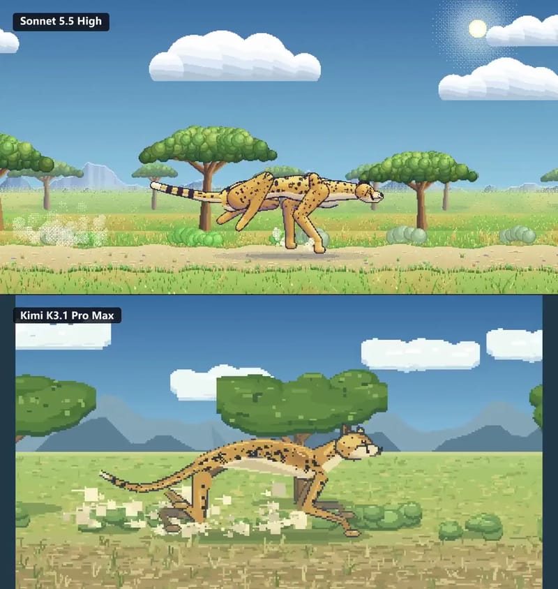 Pixel-Art Cheetah: Kimi vs Sonnet result preview