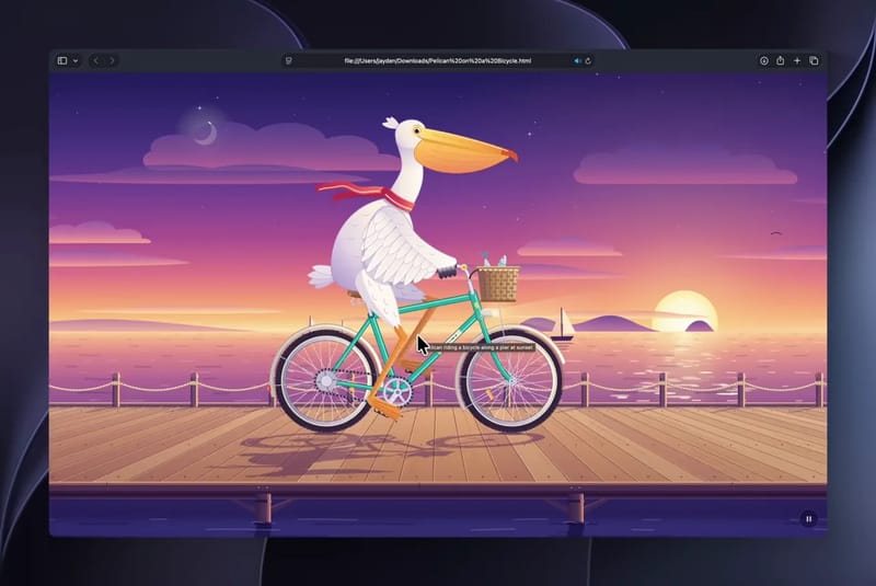 A pelican cycling at sunset, in SVG result preview