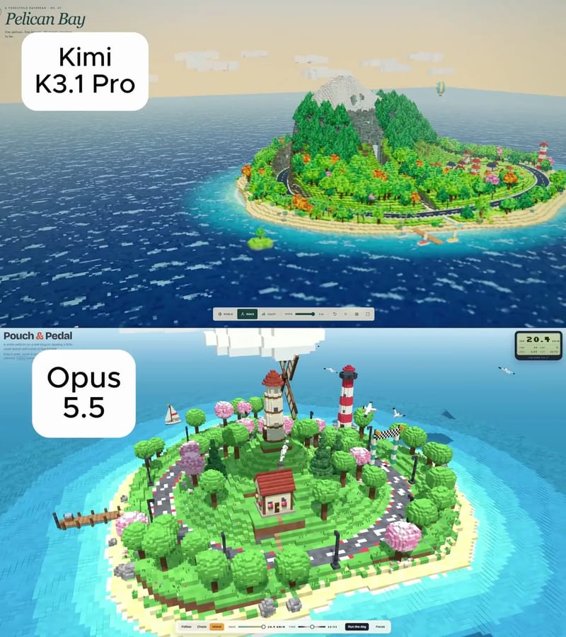 Voxel Island: Kimi vs Opus result preview