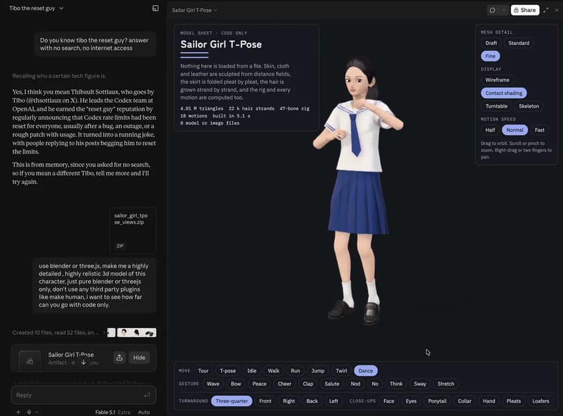 A 3D sailor girl in 7,400 lines of code result preview