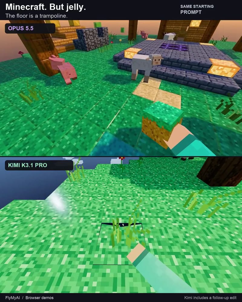 Jelly Minecraft: Kimi vs Opus result preview